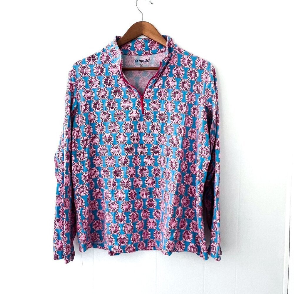 IBKUL Zip Long Sleeve Mock Neck Top Pink Blue medallion XL - Picture 2 of 10